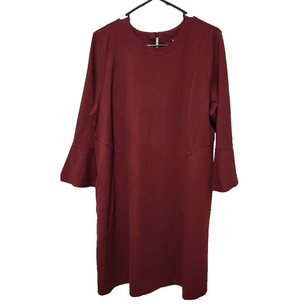 J. Jill Women's Dress Size L Ponte Knit Maroon Multiseamed Ruffle 3/4 Sleeve